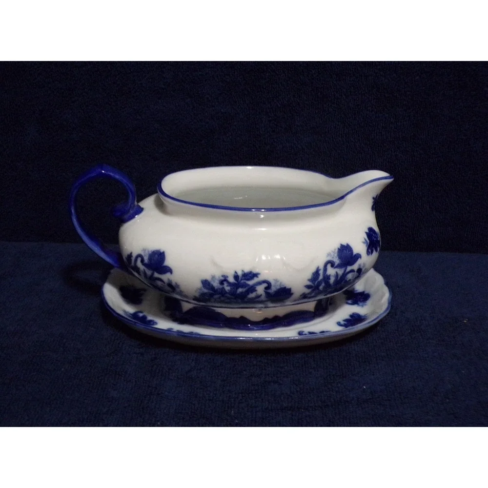 Vintage Johnson Bros. Flow Blue & White Gravy‎ Boat with Flow Blue Underplate
